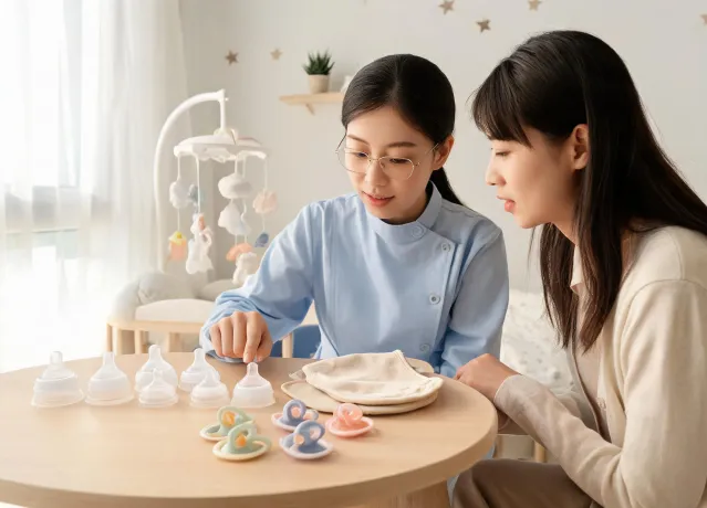 Caregiver comparing baby bottle and pacifier stages